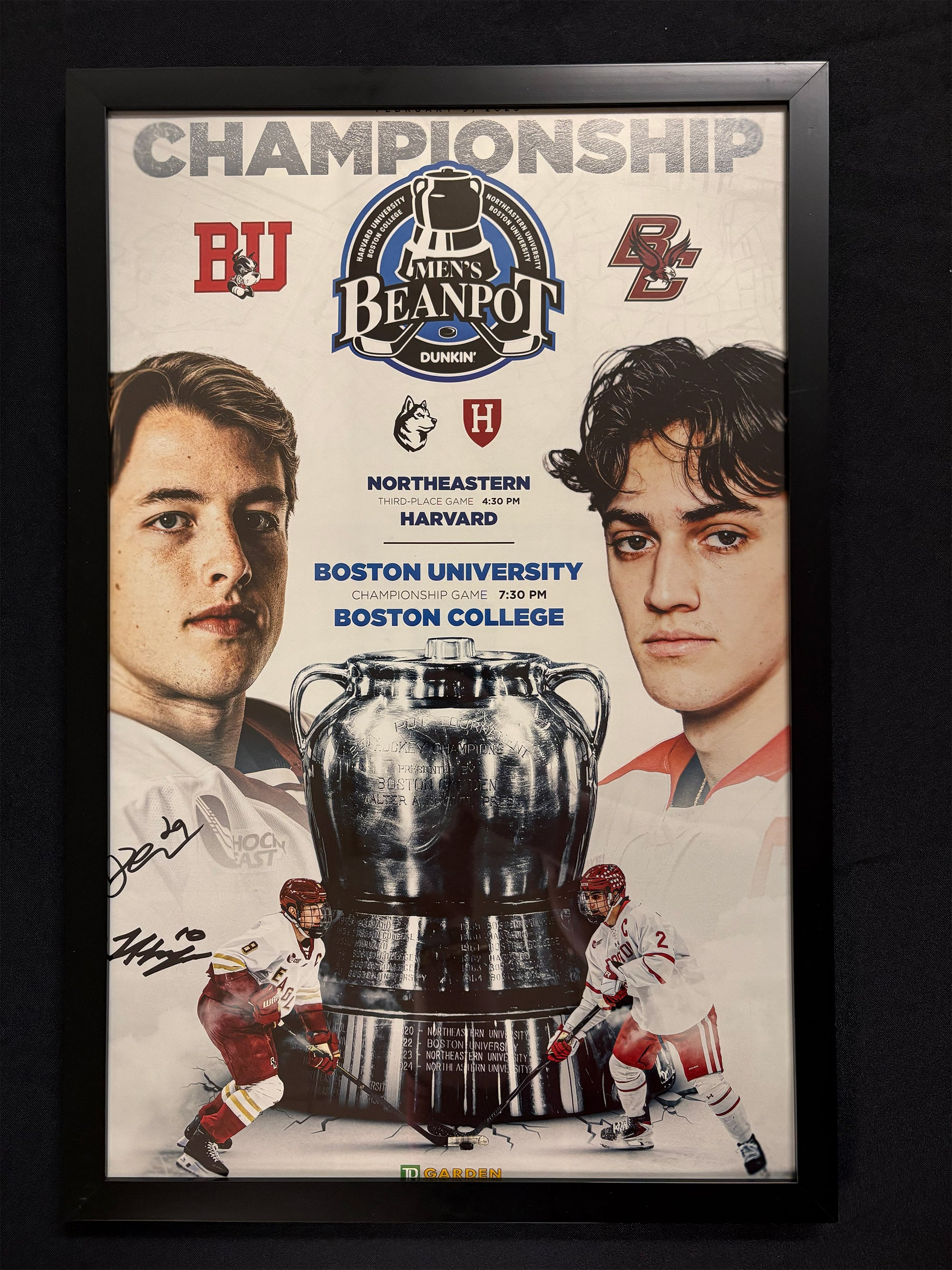 Beanpot Framed Scoresheet signed by Bruins Draft Picks Hagens and Letourneau
