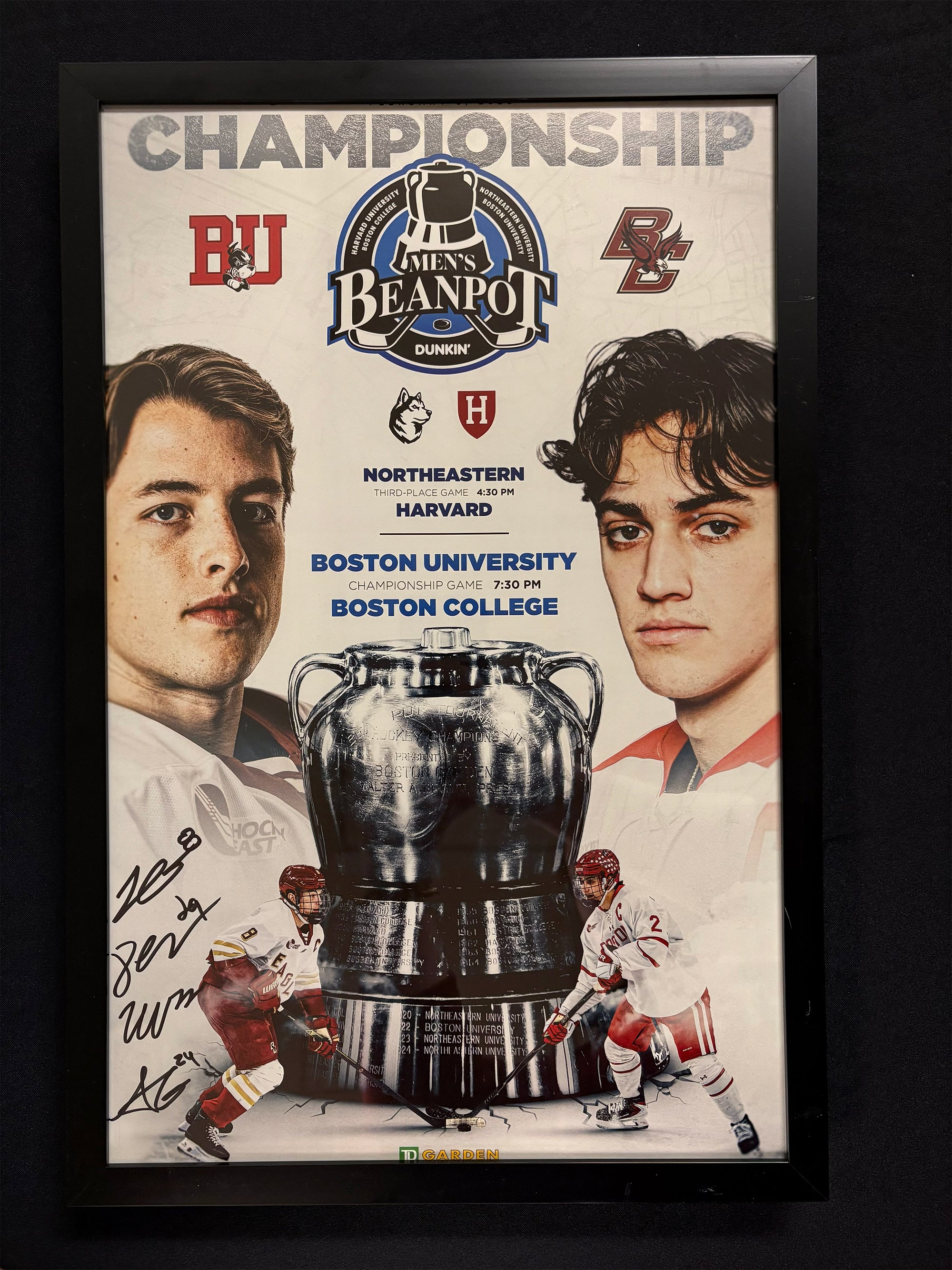 Beanpot Framed Scoresheet Signed by All Four Goal Scorers (Gasseau, Vote, Gustafsson, & Letourneau)
