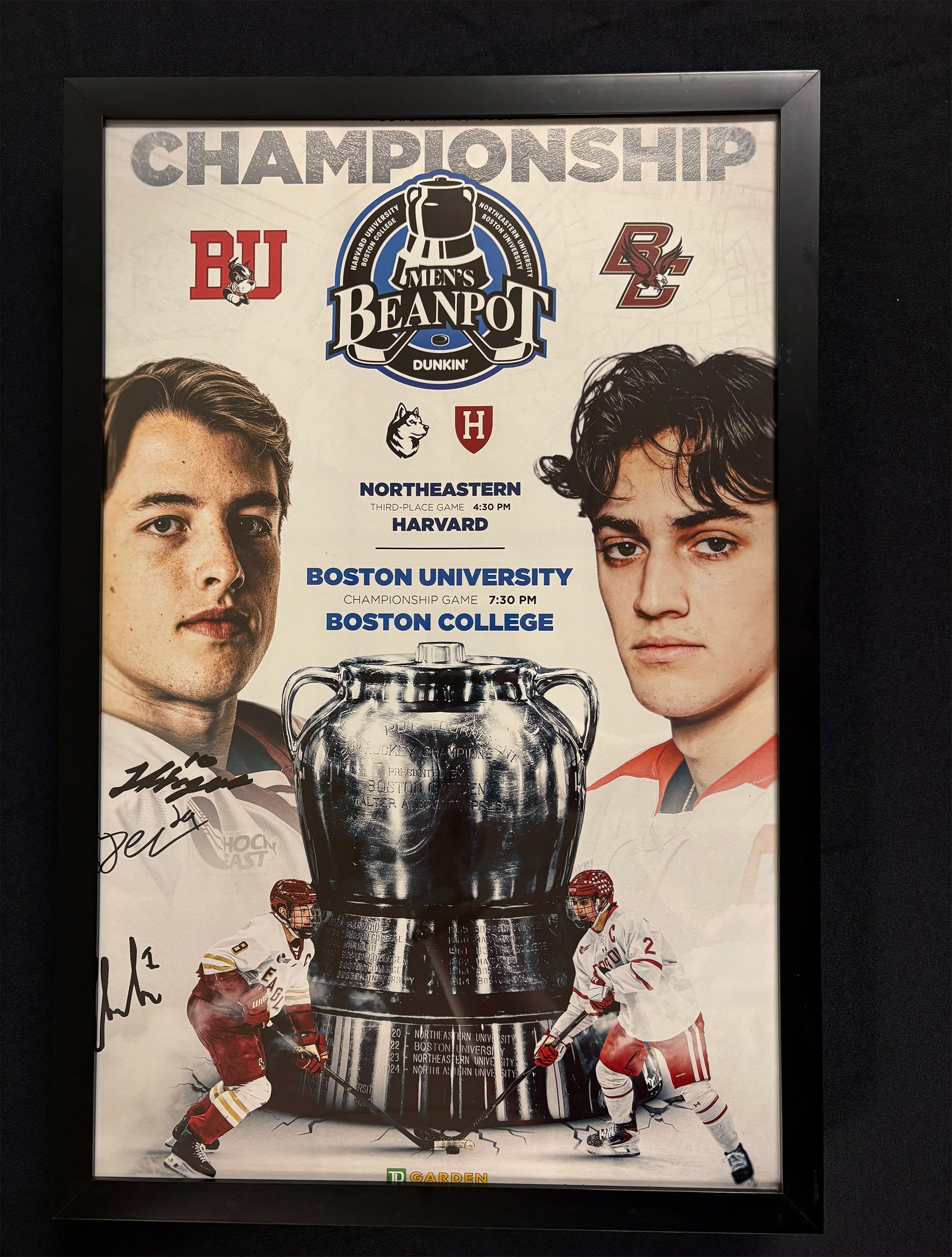 Beanpot Framed Scoresheet signed by  Hagens, Cloutier and Letourneau