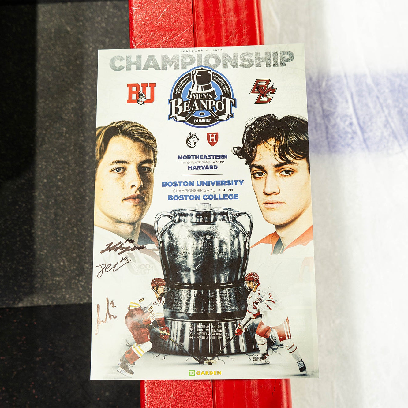 Beanpot Framed Scoresheet signed by  Hagens, Cloutier and Letourneau