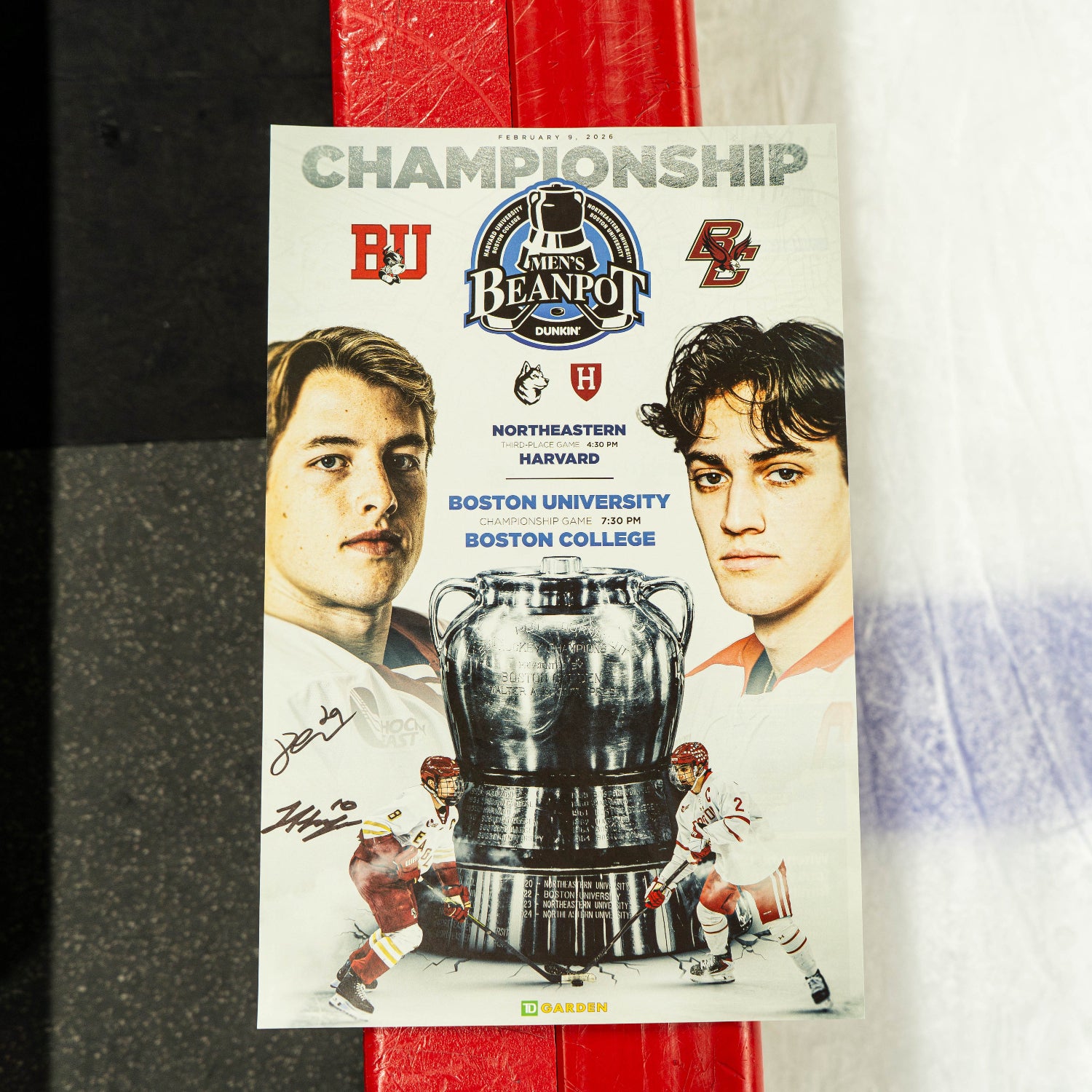 Beanpot Framed Scoresheet signed by Bruins Draft Picks Hagens and Letourneau