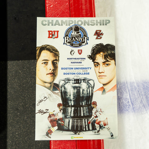 Beanpot Framed Scoresheet signed by Bruins Draft Picks Hagens and Letourneau